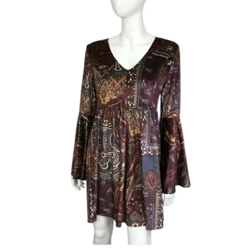 Boston Proper Multicolor Paisley Print Bell Sleeves Velour Mini Boho Dress S